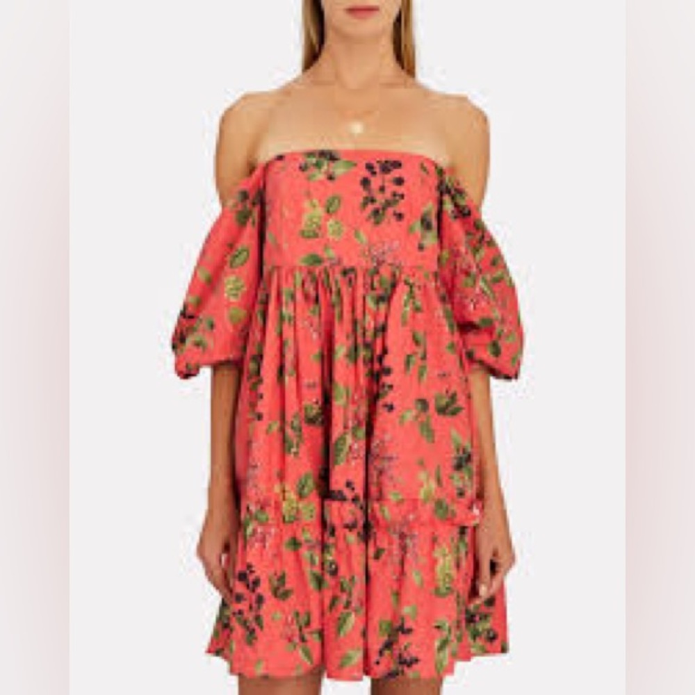 Cara Cara Coral Floral Off-Shoulder Puff Sleeve Mini Dress